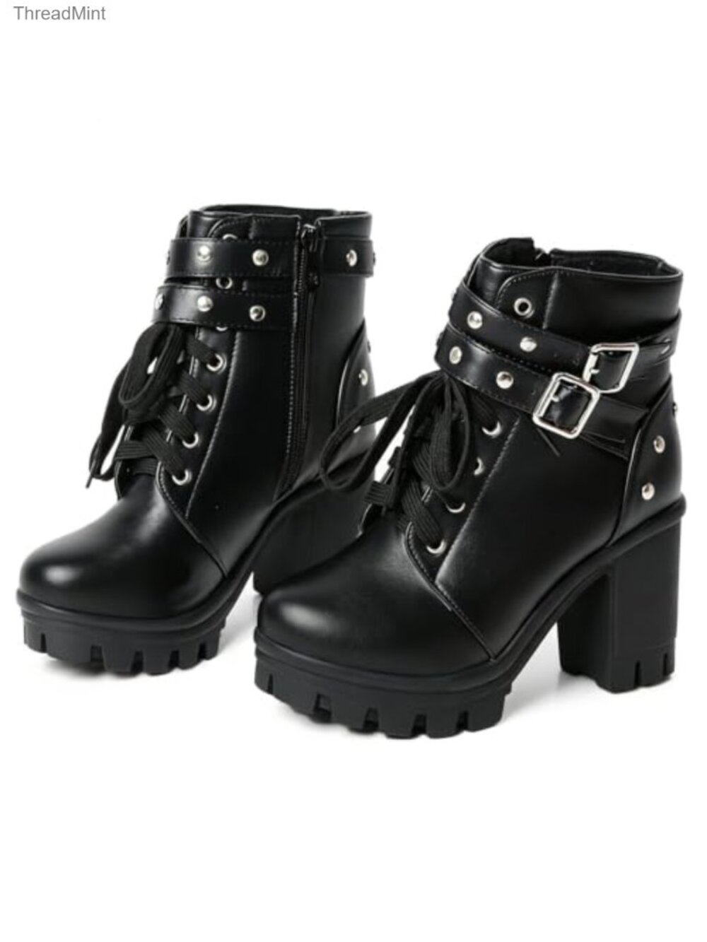Chunky Heel Ankle Booties Lace-up Gothic Combat Boots for Women with Zipper
